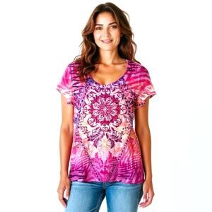 Closet Full Graphic T Shirt Medium Pink Floral Medallion Short Sleeve Top